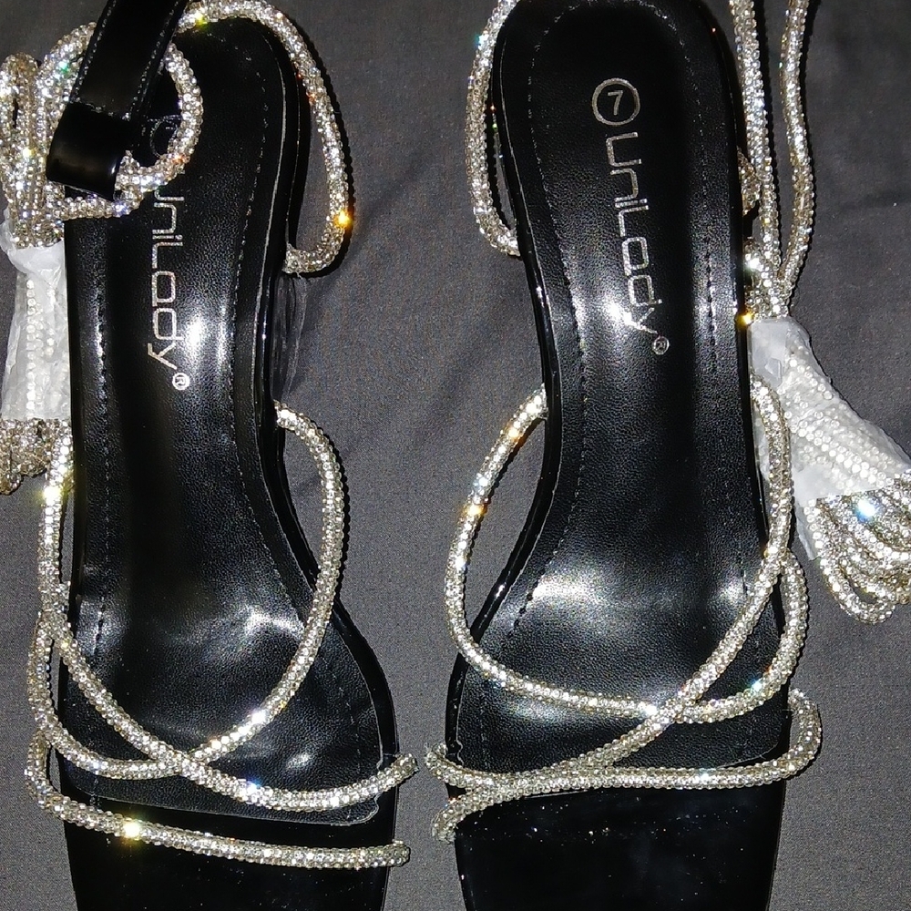 Fashion Nova Black Patent Strappy Heels with Sparkling Wrap Cords - Picture 2 of 5